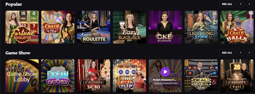 A collection of live casino game thumbnails, showcasing popular options such as 