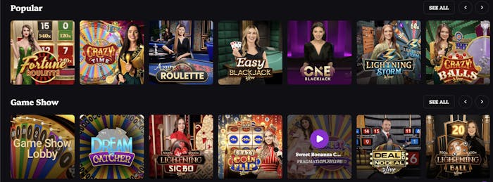 A collection of live casino game thumbnails
