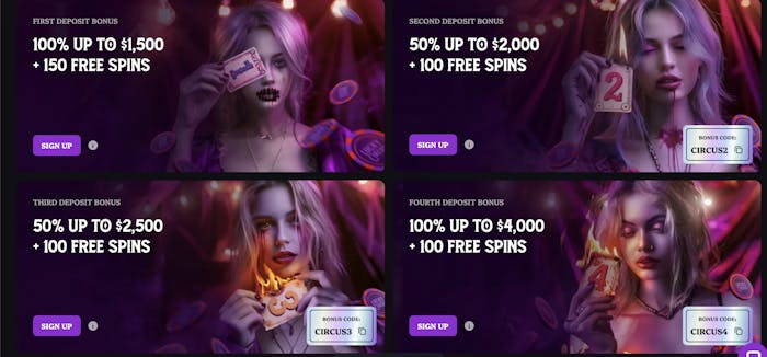 A dark, gothic-themed casino promotions page featuring various deposit bonuses. The images showcase stylized characters with dramatic makeup, glowing cards, and floating casino chips. The bonuses range from 100% up to $1,500 with free spins to 100% up to $4,000.