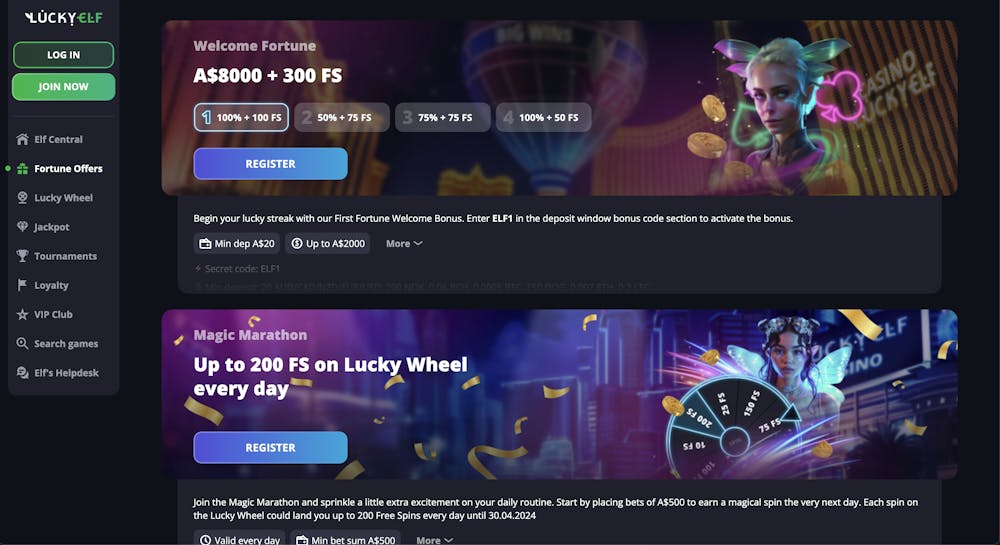 lucky elf casino sign up bonus page