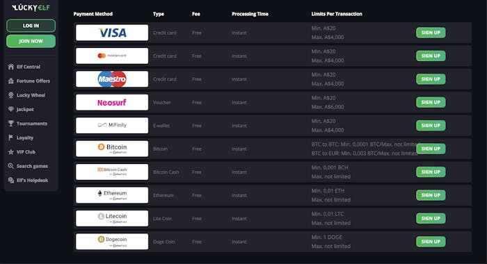 lucky elf deposit methods
