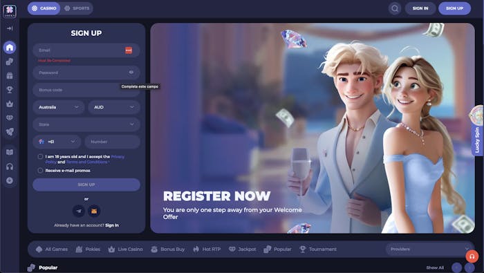 The sign-up page for Lucky Friends Casino, with a background of a couple celebrating their winnings. The page includes fields for email, password, country, and other details for new users to register.