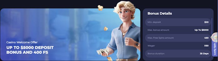 Promotional banner for Lucky Friends Casino showcasing a welcome offer of up to $5000 deposit bonus and 400 free spins.