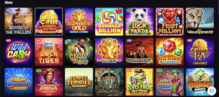 A digital casino interface displaying various slot games