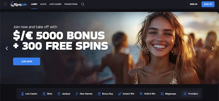 A sleek digital casino homepage with a promotional banner advertising a $5,000 welcome bonus and 300 free spins. The interface includes navigation for slots, live casino, jackpots, and new games, with a vibrant party-themed background.