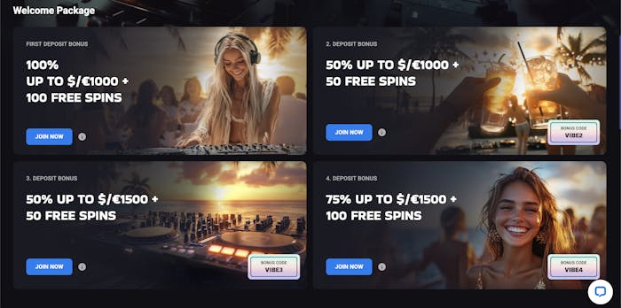 A promotional casino banner advertising a welcome package with multiple deposit bonuses, including a 100% match bonus up to $1,000 and free spins. The design features a DJ at a party and celebratory drinks.