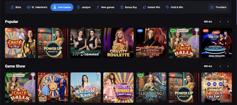 A live casino game lobby featuring popular titles like 