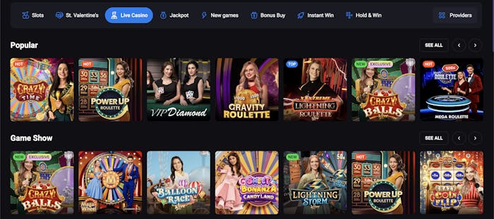 A live casino game lobby