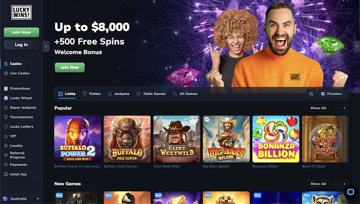 Lucky Wins Casino homepage, featuring a bright, engaging welcome banner with a promotion offering up to $8,000 and 500 free spins, alongside images of slot games like 'Buffalo Power 2' and 'Book of Dead'.