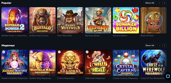 Lucky Wins Casino's 'Popular' section, displaying various games like 'Buffalo Power 2', 'Clint Westwild', and 'Bonanza Billion'
