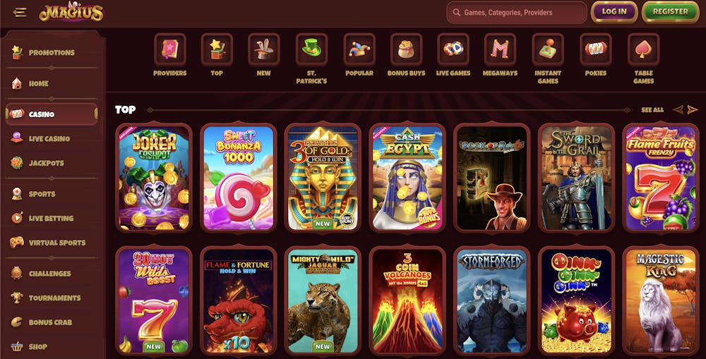 Magius casino games lobby displaying various slot titles, including classic, jackpot, and Megaways slots, with a dark-themed interface and intuitive navigation.