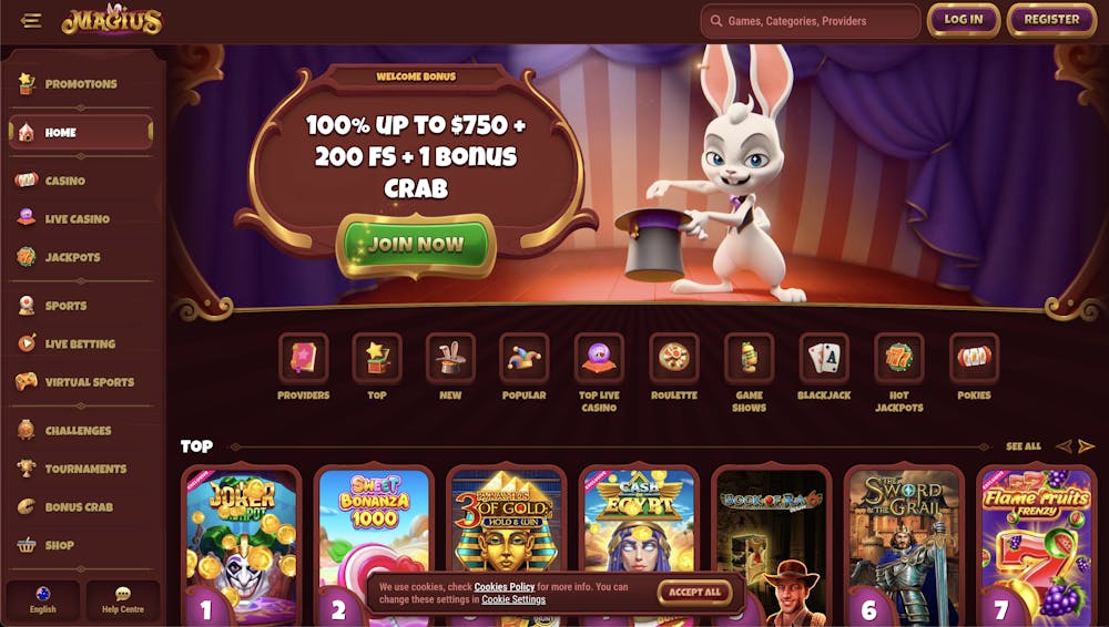 Magius casino homepage featuring a whimsical circus-themed design with a rabbit mascot, highlighting a generous welcome bonus and quick access to casino games, jackpots, and live dealer tables.