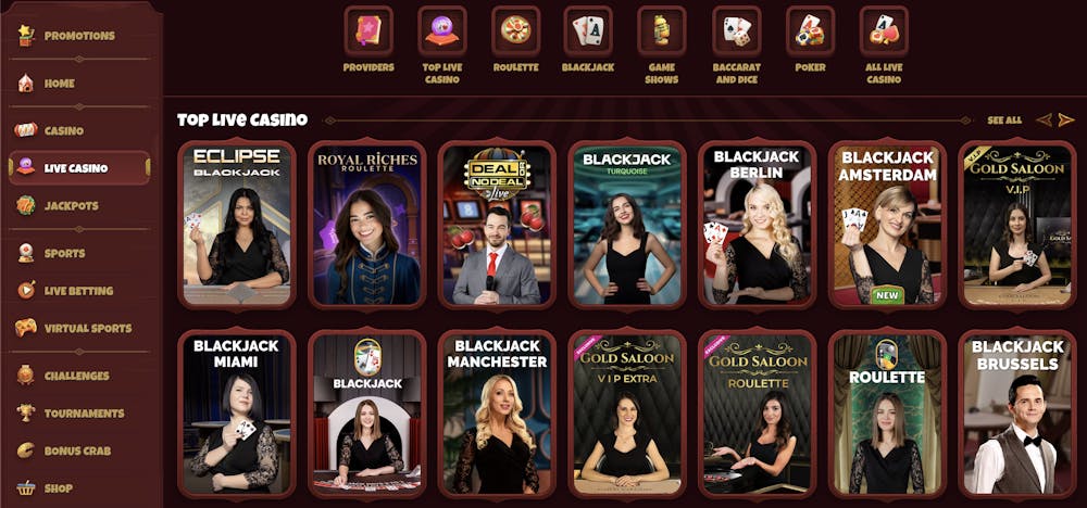 Magius live casino section showcasing top live dealer games, including blackjack, roulette, Deal or No Deal, and VIP tables, presented with professional dealers.