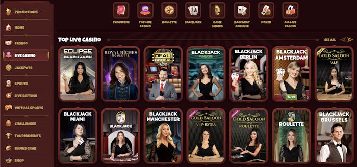 Magius live casino section showcasing top live dealer games, including blackjack, roulette, Deal or No Deal, and VIP tables, presented with professional dealers.