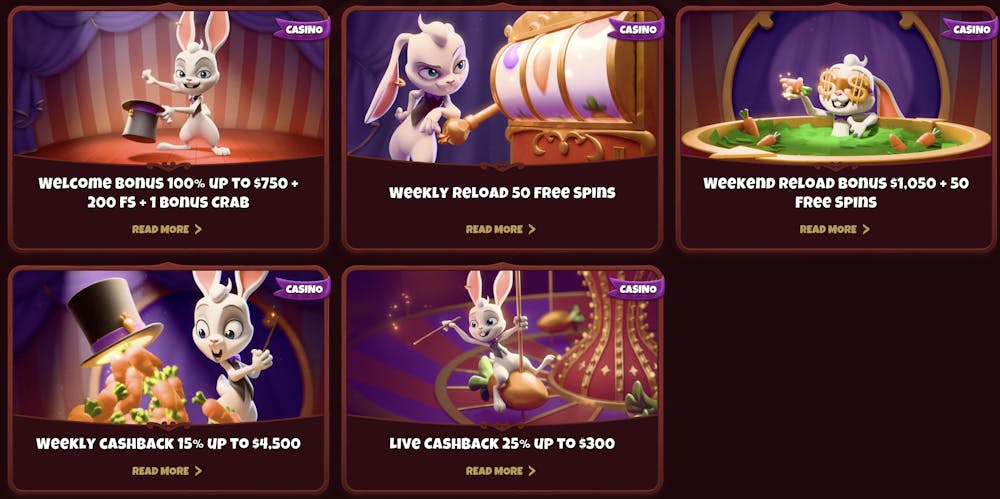 Magius casino promotions page featuring a playful white rabbit mascot and bonus offers like a 100% welcome bonus up to $750 with free spins, cashback rewards, and reload bonuses