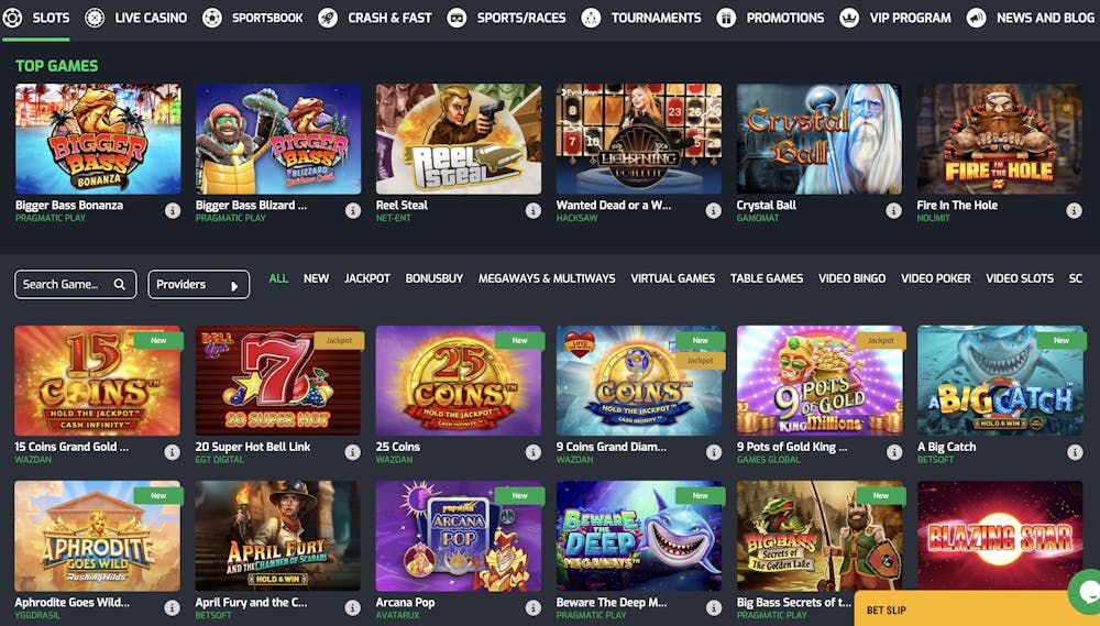 main casino games page of betroom24 casino with predominantly slots displayed