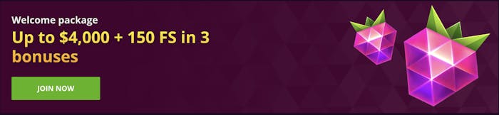 maline casino welcome bonus of up to $4000 with 150 free spins, displayed in yellow text next to digital strawberries on a purple background