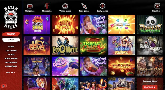 Mayan Reels casino game lobby showcasing a grid of colourful slot titles such as Hot Triple Sevens, Fruit Nova, Christmas Reach, Juicy Gems, and Rise of the Titans Scratchcard, with a dark interface and red sidebar for navigation.