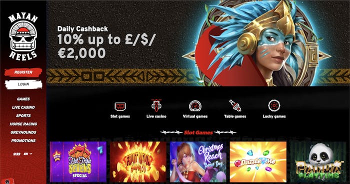 Mayan Reels casino homepage with a Mayan warrior-themed banner promoting daily cashback, navigation icons for game categories, and a preview of featured slot games.