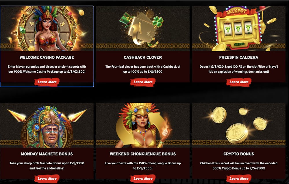 Mayan Reels Casino promotions page displaying various bonus offers, including a welcome package, cashback, free spins, and crypto bonus, with vibrant Mayan-themed artwork and red 'Learn More' buttons