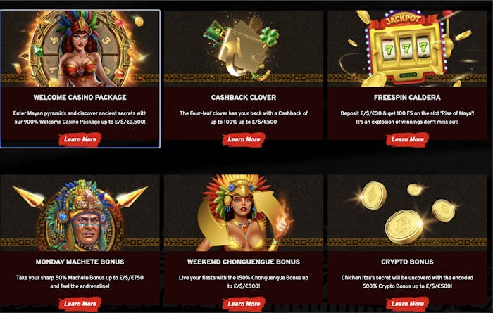 Mayan Reels Casino promotions page displaying various bonus offers, including a welcome package, cashback, free spins, and crypto bonus, with vibrant Mayan-themed artwork and red 'Learn More' buttons