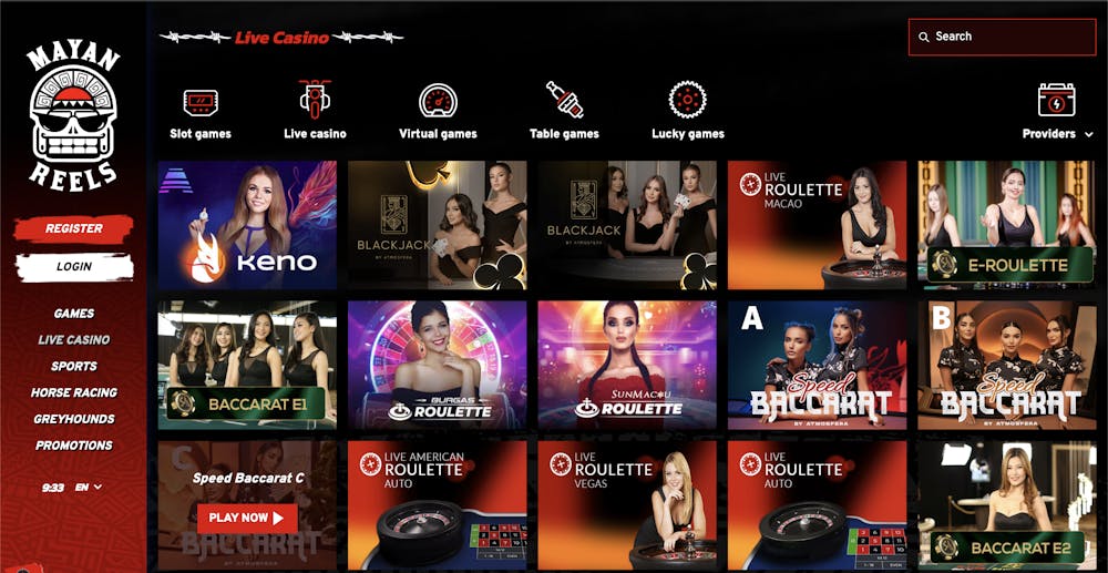 Mayan Reels live casino lobby featuring multiple live dealer games like blackjack, roulette, baccarat, and keno, with dealer images and a dark-themed interface.