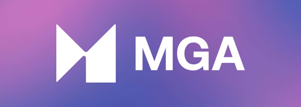 The official MGA logo on a purple and pink background.