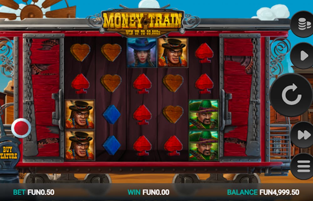 money train slot gameplay with face symbols and poker logos displayed