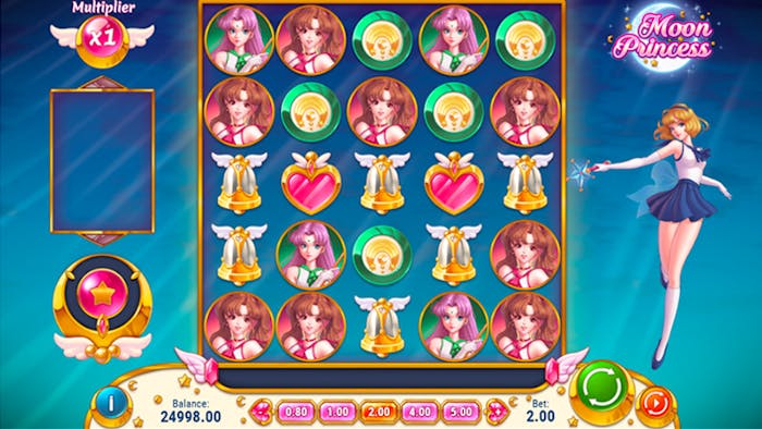 Moon Princess slot game interface with a 5x5 grid filled with colorful symbols, including three anime-style princess characters, hearts, bells, and stars, set against a celestial blue background with a magical girl character on the right side.
