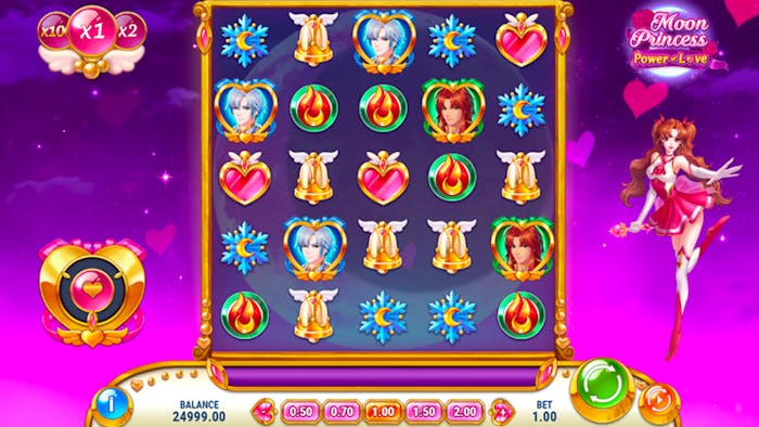 A colorful slot game screen with a 5x5 grid filled with themed symbols, including heart-shaped icons, golden bells, and animated princess characters. The background is a pink and purple gradient with a magical, romantic atmosphere. A princess character is positioned to the right, holding a wand