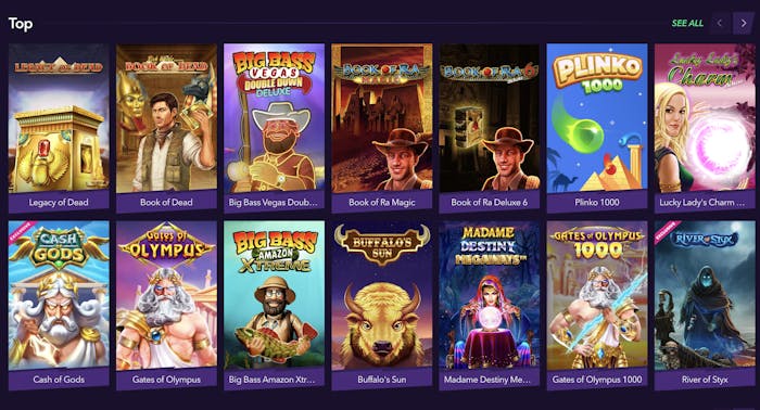 Casino game selection featuring popular titles