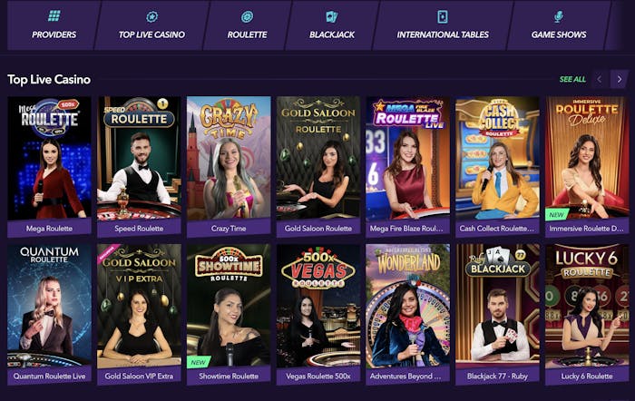 Top live casino section featuring various games