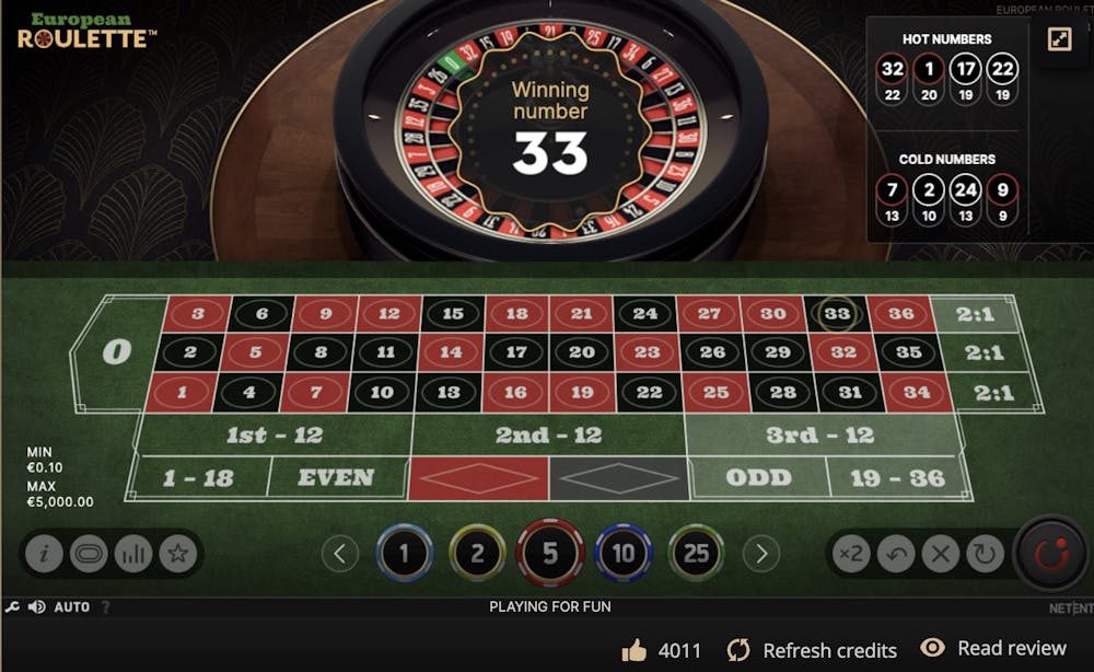 European roulette by NetEnt with a roulette wheel and green table displayed on the screen when you play.