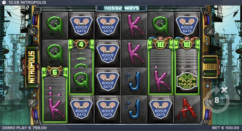 nitropolis main reels screen with scatter symbol stacks, playing card symbols, and wilds