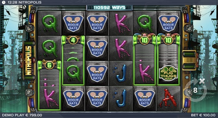 nitropolis main reels screen with scatter symbol stacks, playing card symbols, and wilds