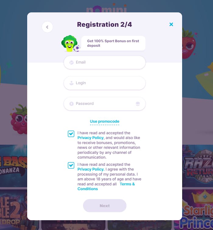 Nomini Casino account registration