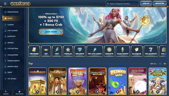 Ocean Spin Casino homepage showcasing the