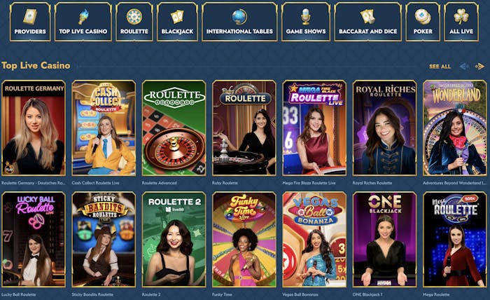 variety of live casino games offered by Ocean Spin Casino. The display includes games such as