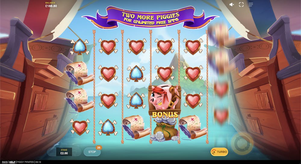 Gameplay screen of the Piggy Pirates slot, featuring a colourful 5x4 reel setup with heart and spade symbols, treasure maps, and a bonus piggy symbol. A banner at the top reads 'Two More Piggies for Unlimited Free Spins,' with the reels framed by ship decks and a tropical island in the background