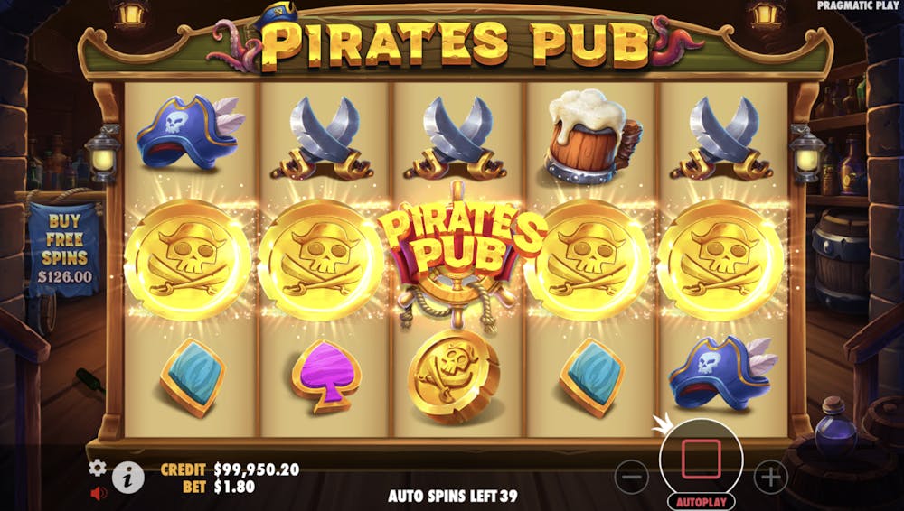 Gameplay screen of the Pirates Pub slot by Pragmatic Play, showcasing a winning spin with five gold coin symbols featuring a skull and crossbones. Other symbols include pirate hats, swords, beer mugs, and card suits, set against a detailed tavern backdrop. The Pirates Pub logo appears glowing in the middle of the reels.