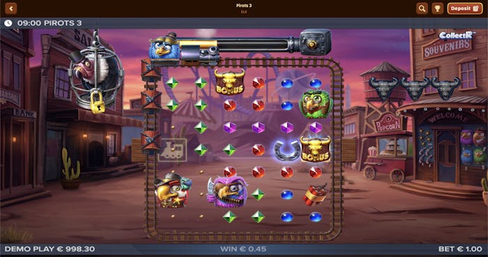 Pirots 3 slot game at Tiki Casino showing a 5x5 grid, with symbols such as a bird in a cage, bonus symbols, and colorful gems. The game is set in a wild west theme with animated characters and a potential win of €0.45 displayed.