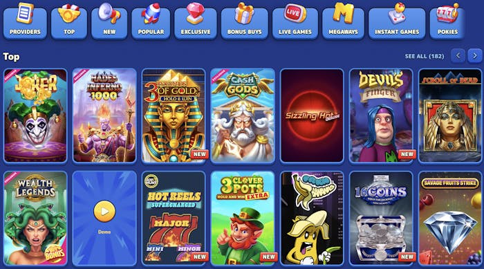A display of popular slot games available at Pistolo Casino, including 'Snoop Dogg Dollars,' 'Punk Rocker 2,' 'Sweet Bonanza 1000,' and 'Pharaoh's Power Hold and Win,' showcasing their RTP and features