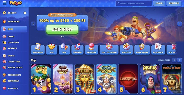 Home page of Pistolo Casino with promotional banner offering a 100% welcome bonus up to $750 AUD and 200 free spins, surrounded by game categories like 'Providers,' 'Top,' 'Live Casino,' and 'Roulette