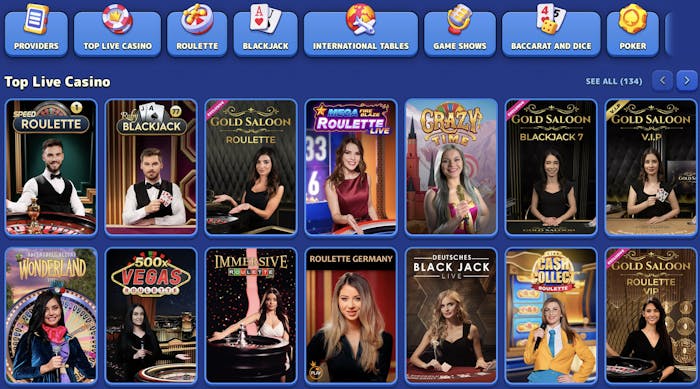 collection of live casino games on the Pistolo Casino platform, featuring game options like 'Mega Wheel,' 'Aurora Blackjack Libra,' and 'Aurora Blackjack Taurus,' with professional dealers presenting the games