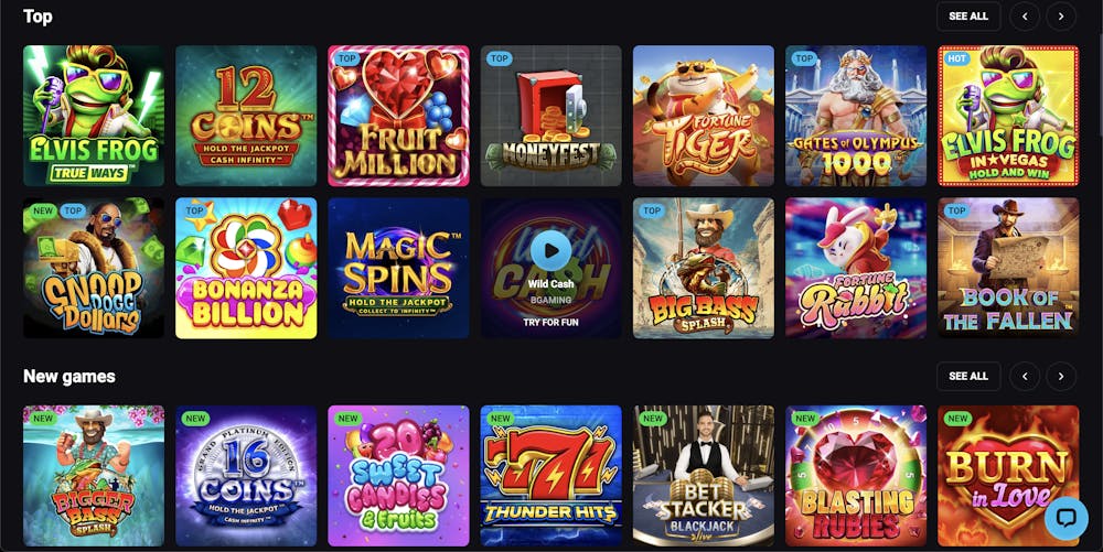A mix of popular slots and new releases at PlayMojo Casino, including games like Elvis Frog True Ways, Snoop Dogg Dollars, Bonanza Billion, and Book of the Fallen.