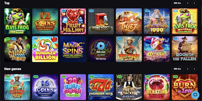 A mix of popular slots and new releases at PlayMojo Casino, including games like Elvis Frog True Ways, Snoop Dogg Dollars, Bonanza Billion, and Book of the Fallen.