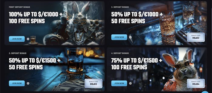 A set of promotional offers at PlayMojo Casino, including multiple deposit bonuses featuring the rabbit mascot in a luxurious setting with cigars, whiskey, and money