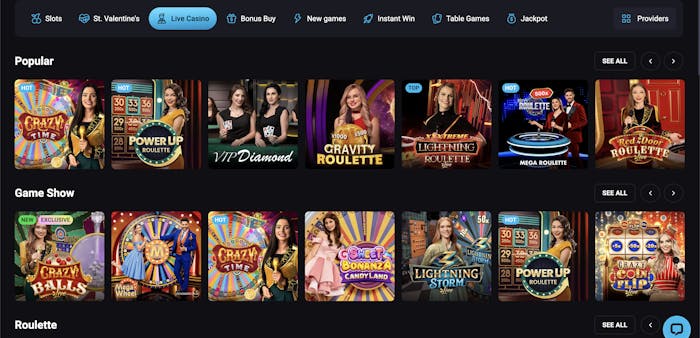 A collection of live casino games, showcasing titles like Crazy Time, Gravity Roulette, VIP Diamond, and Lightning Roulette in a sleek dark theme.