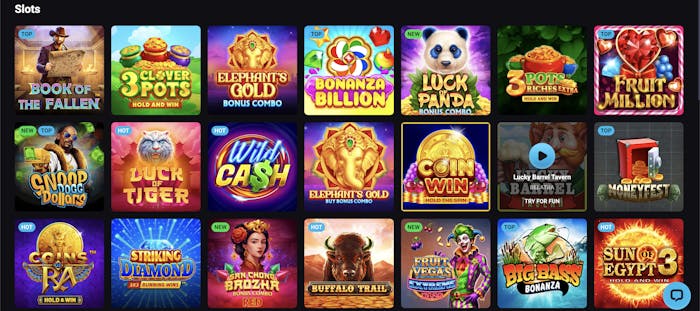 A grid of slot games available at PlayMojo, featuring colorful and diverse game thumbnails with various themes.