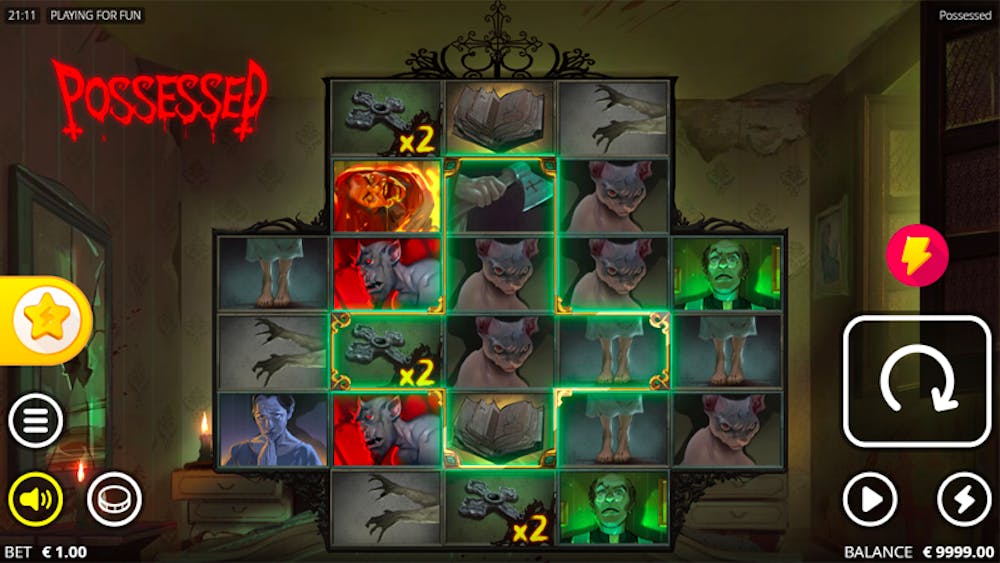 Gameplay screenshot of the Possessed slot game showing a haunted-themed grid layout with symbols like bats, haunted books, and eerie green lighting. The active spin highlights multiplier effects on select symbols.